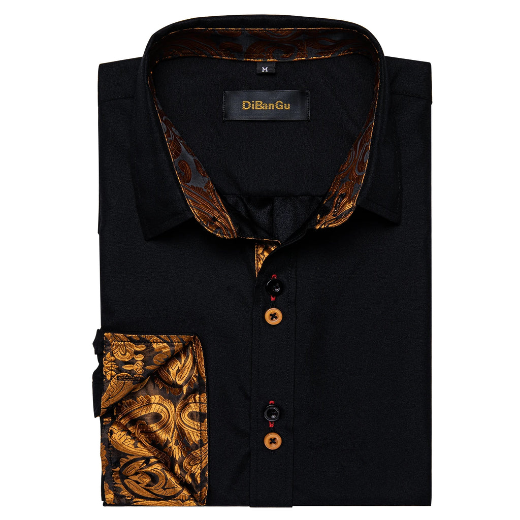 DiBanGu Men Shirt Long Sleeve Black Solid Red Paisley Color Contrast Fashion Dress Shirt for Men Button-down Collar Men Clothing