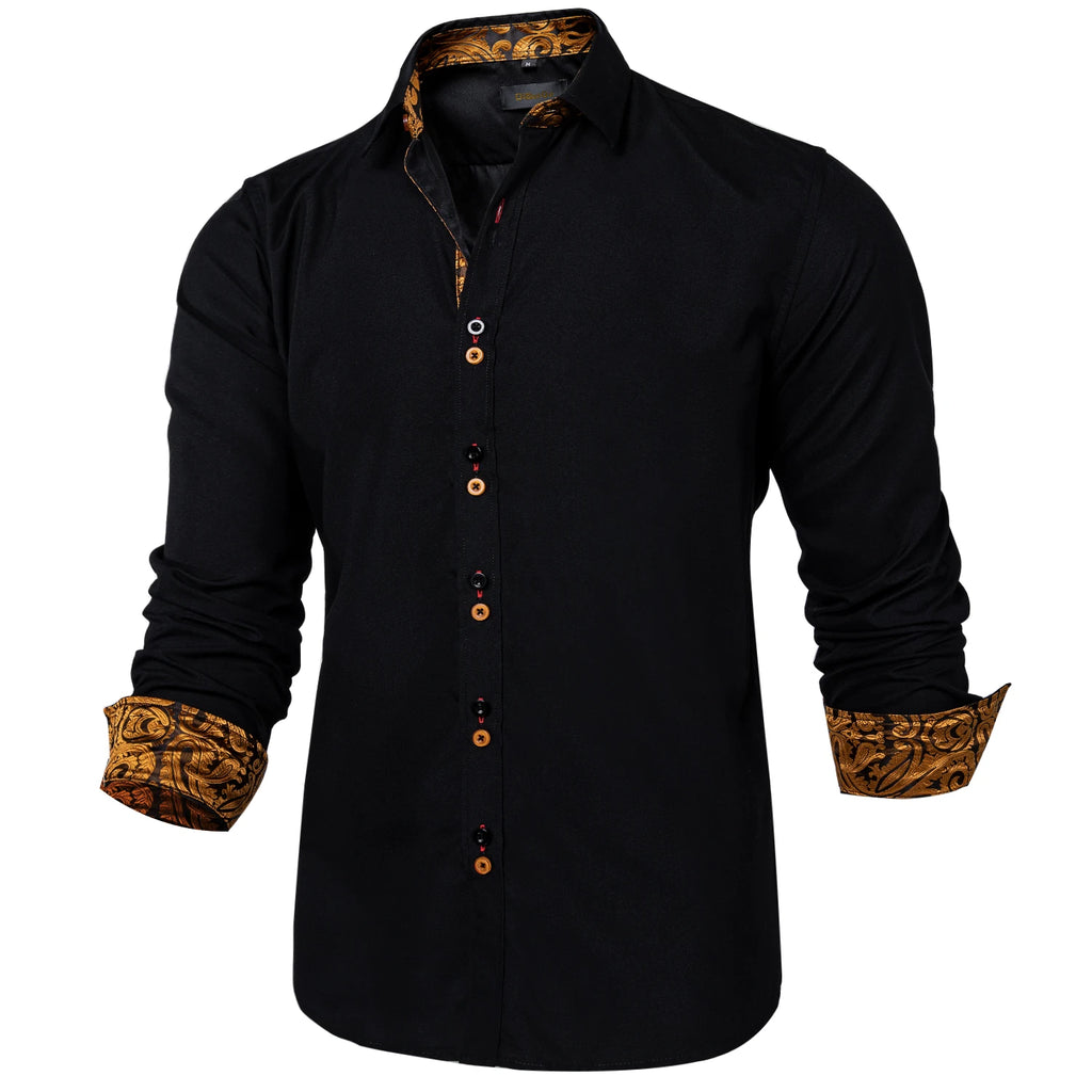 DiBanGu Men Shirt Long Sleeve Black Solid Red Paisley Color Contrast Fashion Dress Shirt for Men Button-down Collar Men Clothing