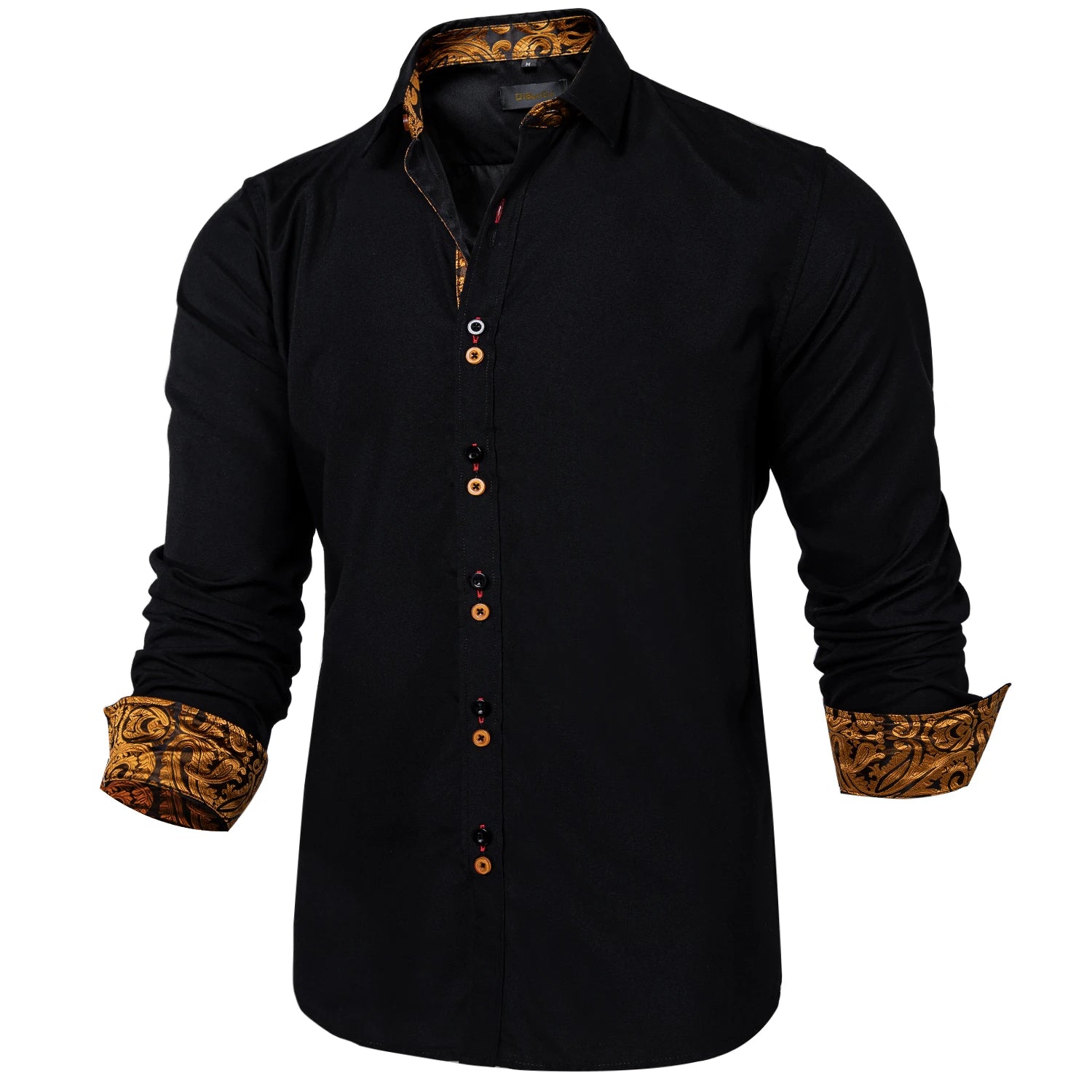 DiBanGu Men Shirt Long Sleeve Black Solid Red Paisley Color Contrast Fashion Dress Shirt for Men Button-down Collar Men Clothing
