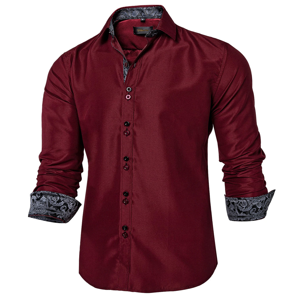DiBanGu Men Shirt Long Sleeve Black Solid Red Paisley Color Contrast Fashion Dress Shirt for Men Button-down Collar Men Clothing