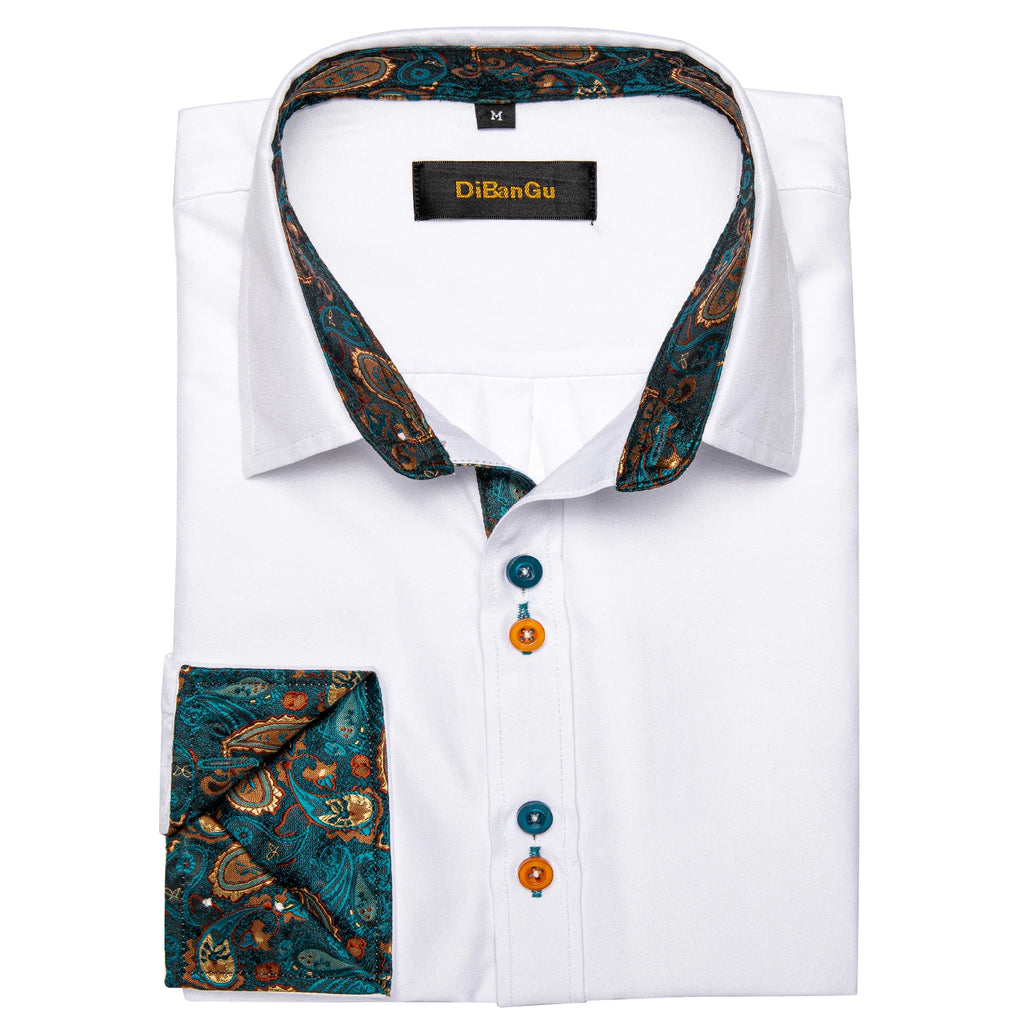 DiBanGu Men Shirt Long Sleeve Black Solid Red Paisley Color Contrast Fashion Dress Shirt for Men Button-down Collar Men Clothing