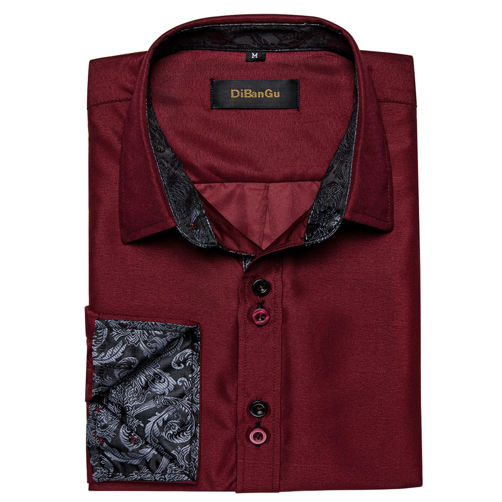 DiBanGu Men Shirt Long Sleeve Black Solid Red Paisley Color Contrast Fashion Dress Shirt for Men Button-down Collar Men Clothing
