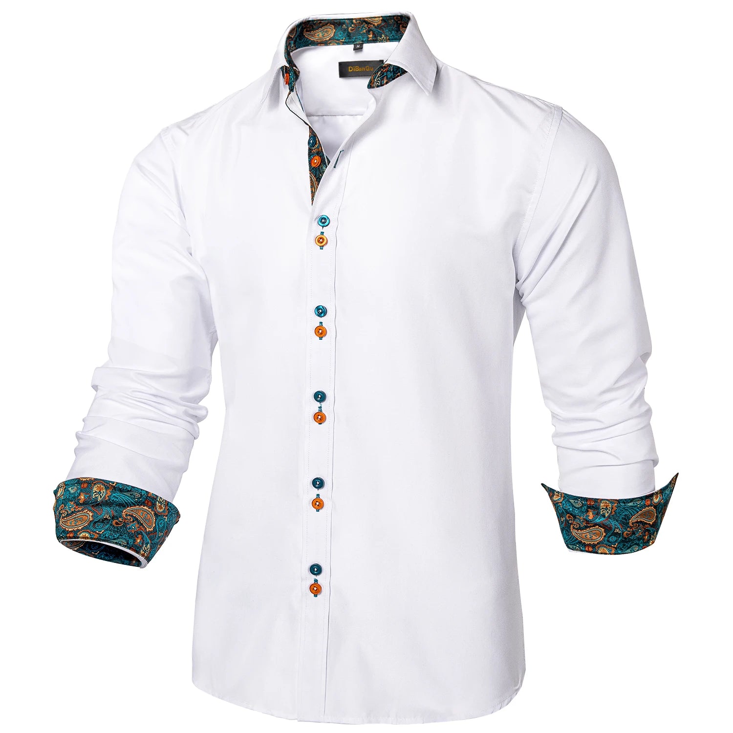 DiBanGu Men Shirt Long Sleeve Black Solid Red Paisley Color Contrast Fashion Dress Shirt for Men Button-down Collar Men Clothing