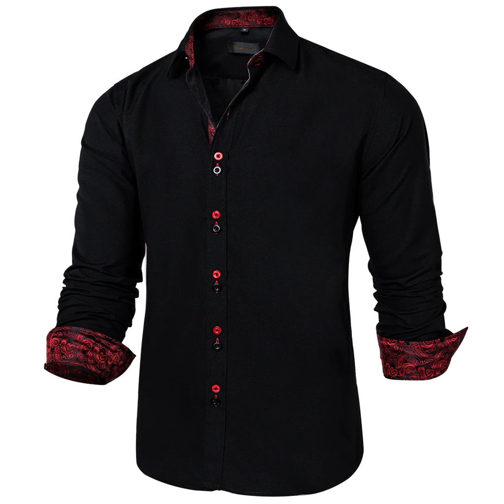 DiBanGu Men Shirt Long Sleeve Black Solid Red Paisley Color Contrast Fashion Dress Shirt for Men Button-down Collar Men Clothing