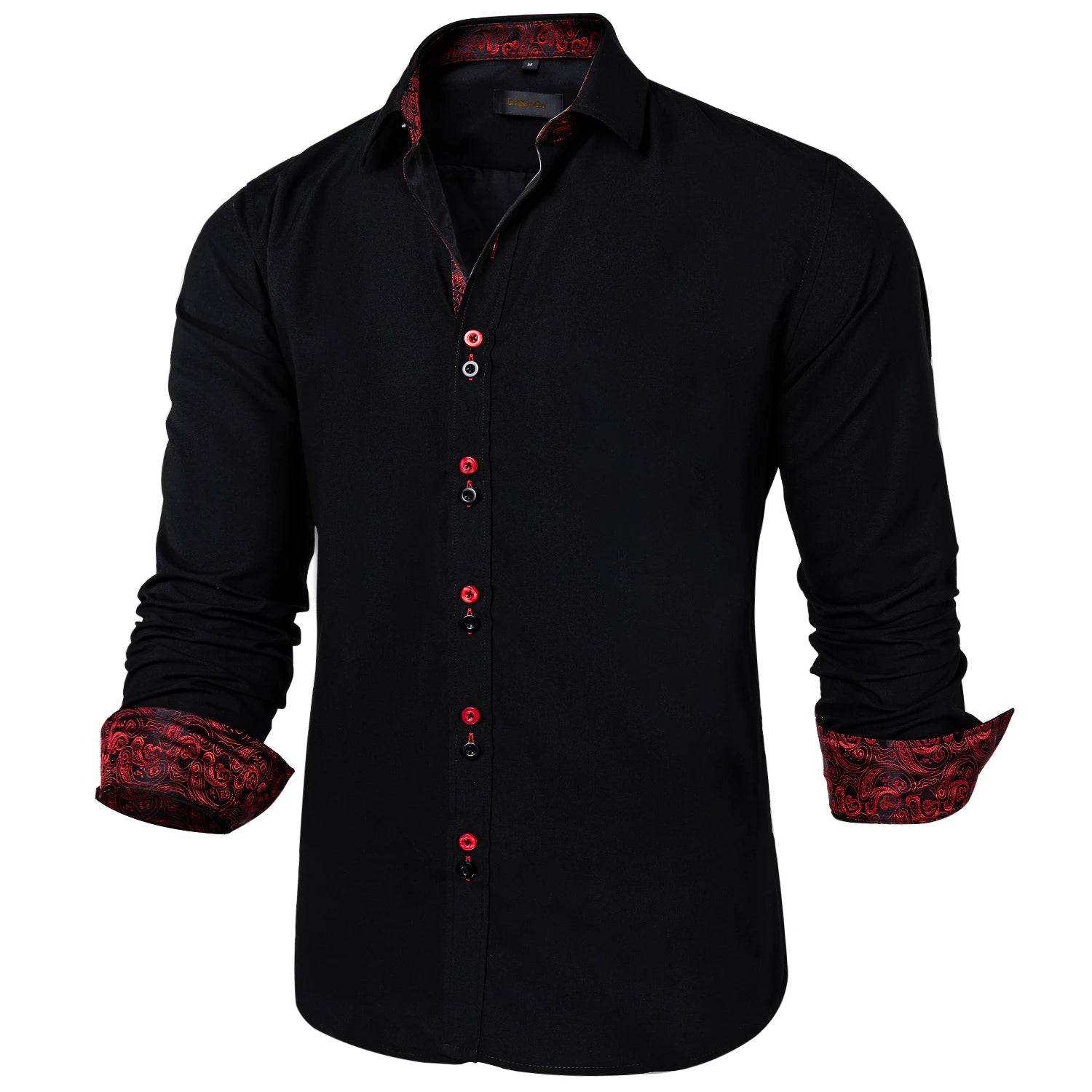 DiBanGu Men Shirt Long Sleeve Black Solid Red Paisley Color Contrast Fashion Dress Shirt for Men Button-down Collar Men Clothing
