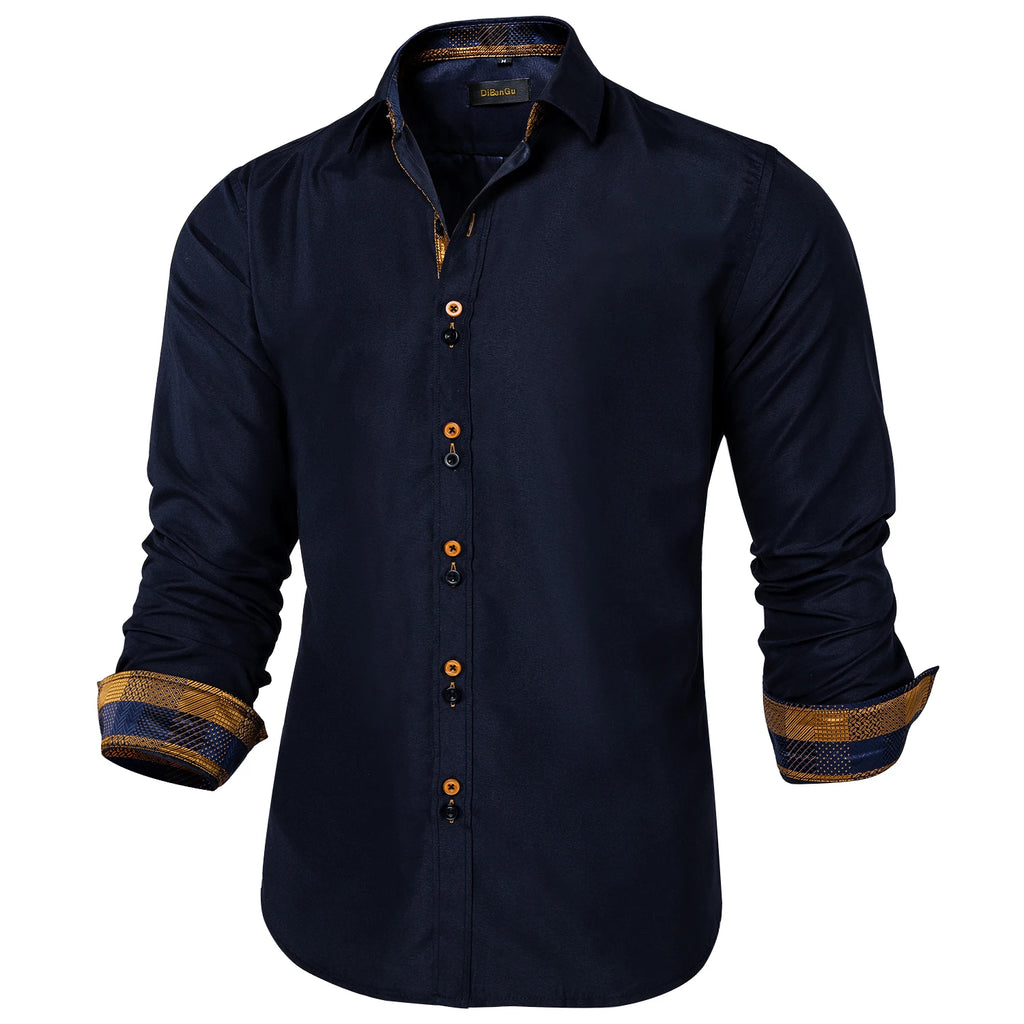 DiBanGu Men Shirt Long Sleeve Black Solid Red Paisley Color Contrast Fashion Dress Shirt for Men Button-down Collar Men Clothing
