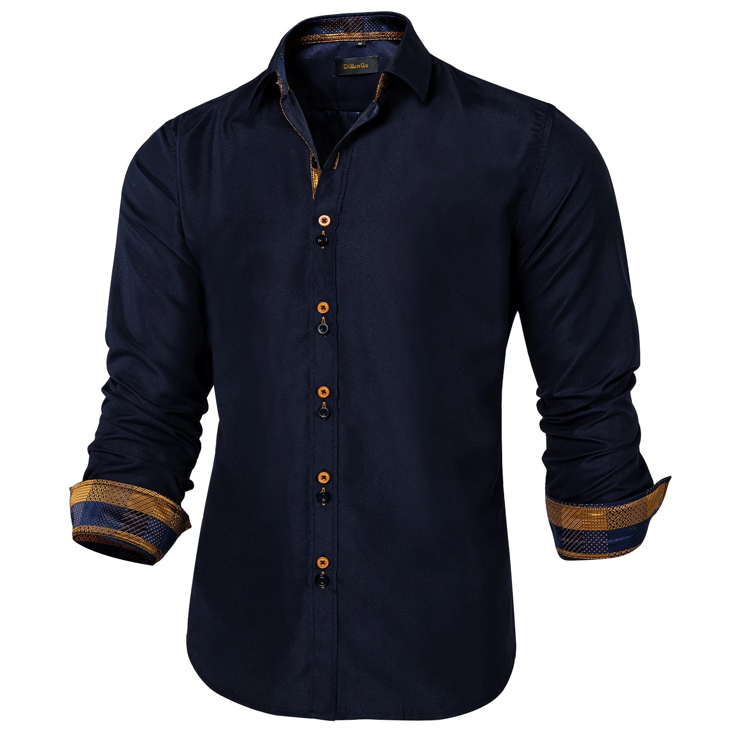 DiBanGu Men Shirt Long Sleeve Black Solid Red Paisley Color Contrast Fashion Dress Shirt for Men Button-down Collar Men Clothing
