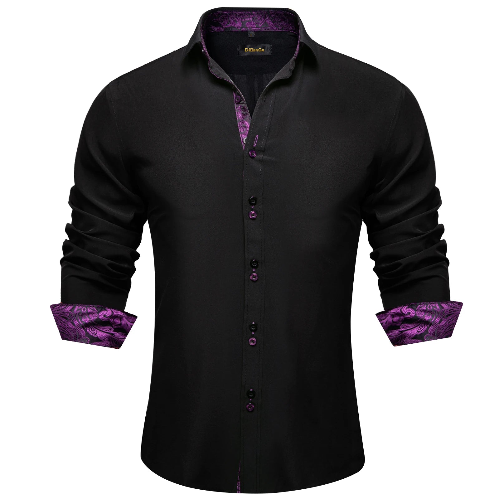 DiBanGu Men Shirt Long Sleeve Black Solid Red Paisley Color Contrast Fashion Dress Shirt for Men Button-down Collar Men Clothing