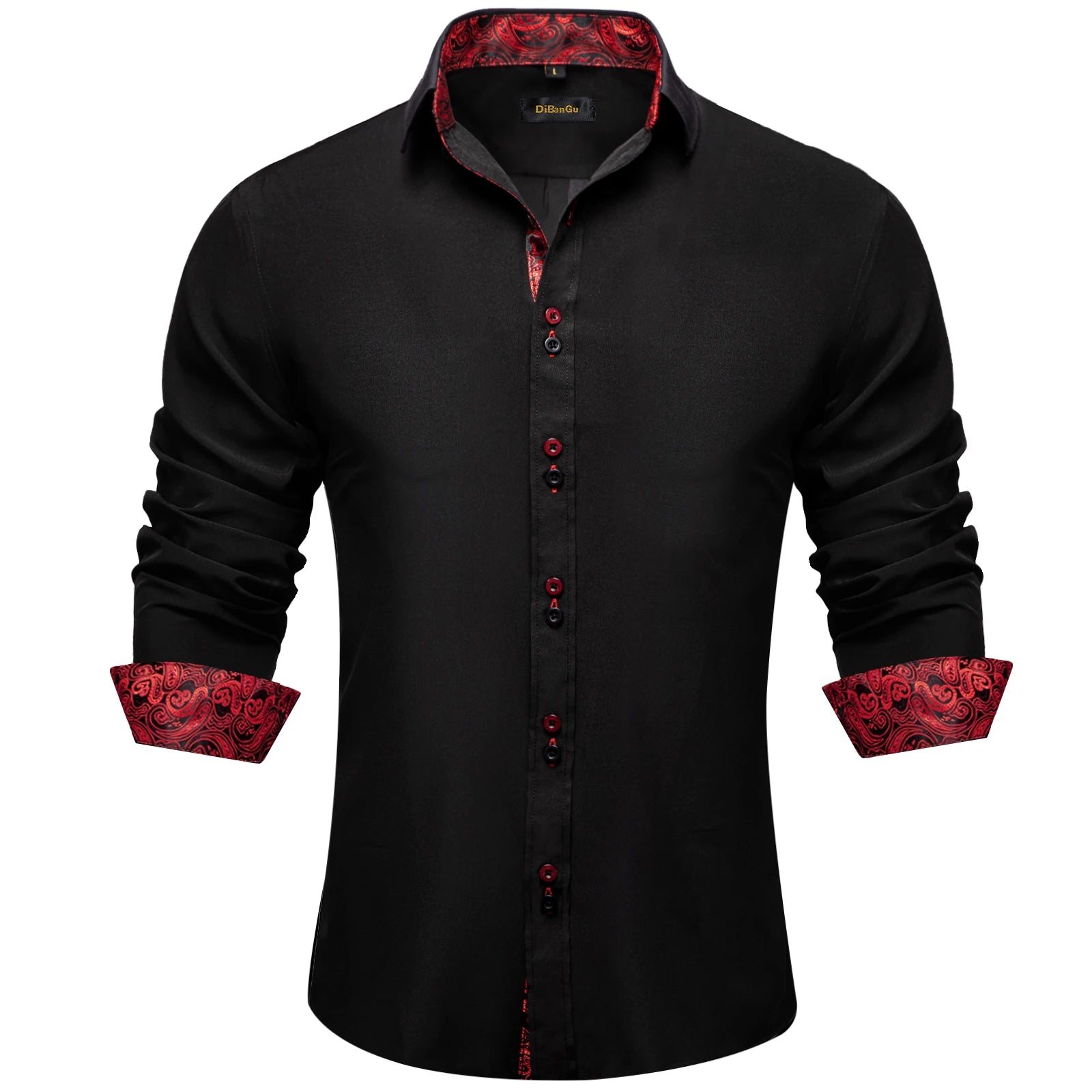 DiBanGu Men Shirt Long Sleeve Black Solid Red Paisley Color Contrast Fashion Dress Shirt for Men Button-down Collar Men Clothing