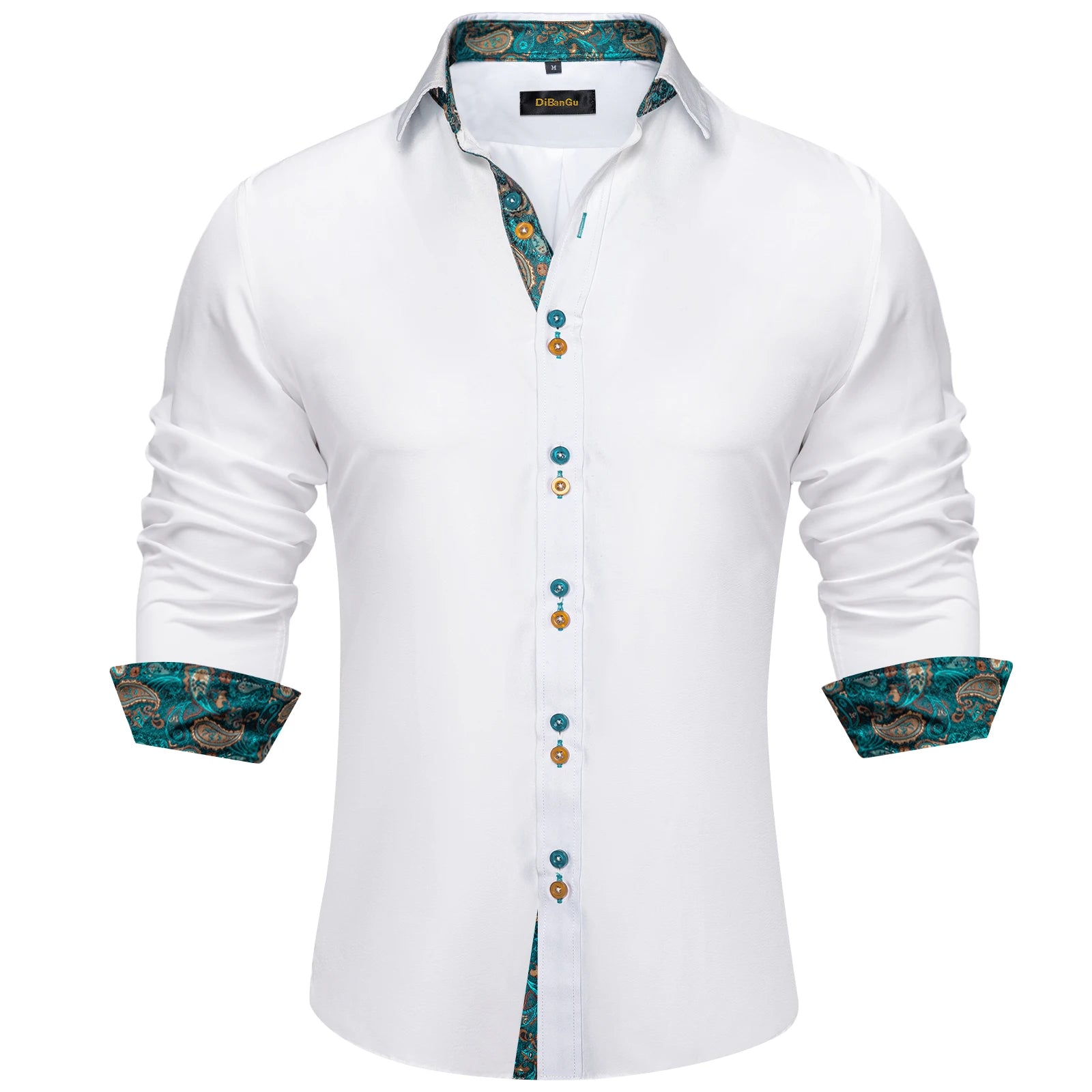 DiBanGu Men Shirt Long Sleeve Black Solid Red Paisley Color Contrast Fashion Dress Shirt for Men Button-down Collar Men Clothing
