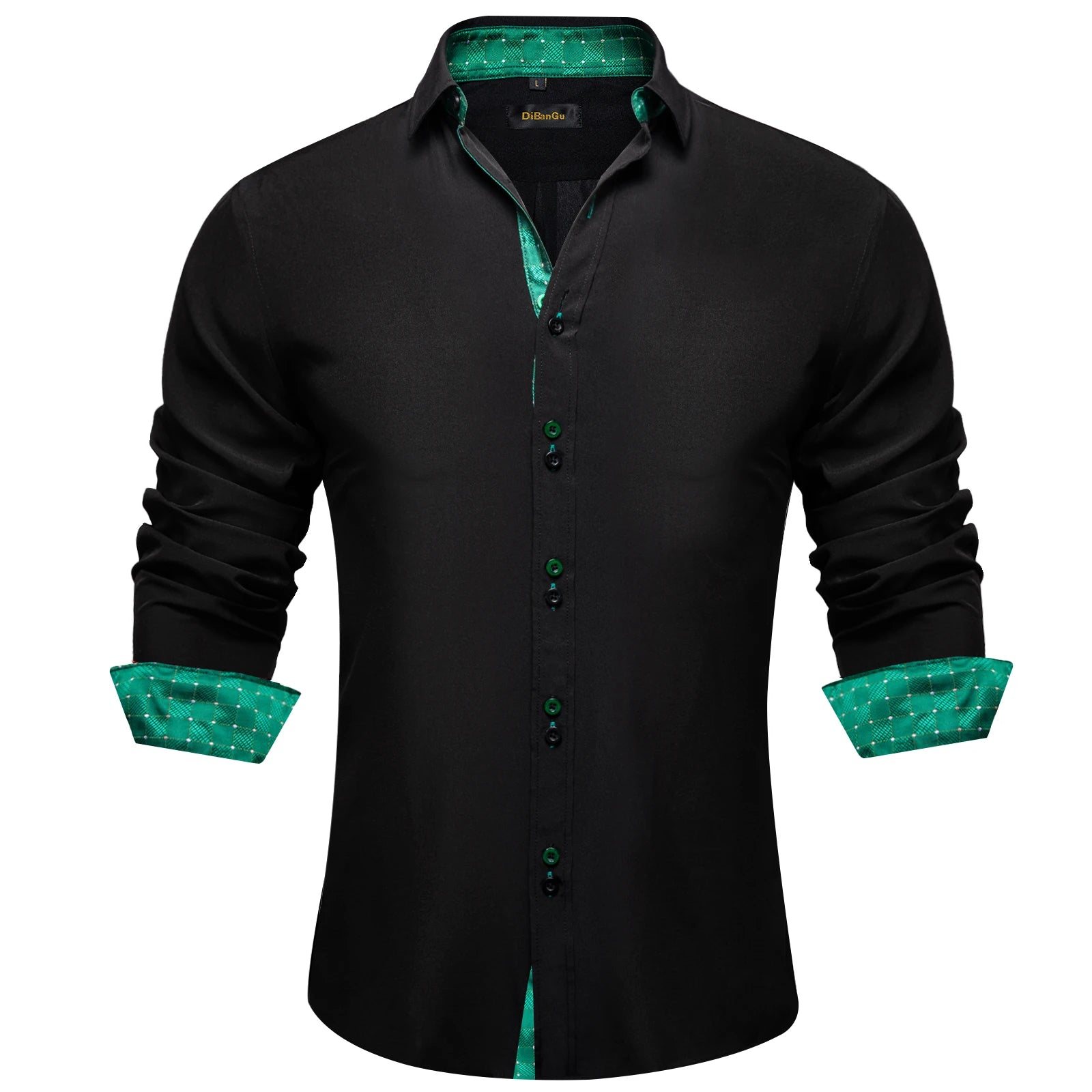 DiBanGu Men Shirt Long Sleeve Black Solid Red Paisley Color Contrast Fashion Dress Shirt for Men Button-down Collar Men Clothing