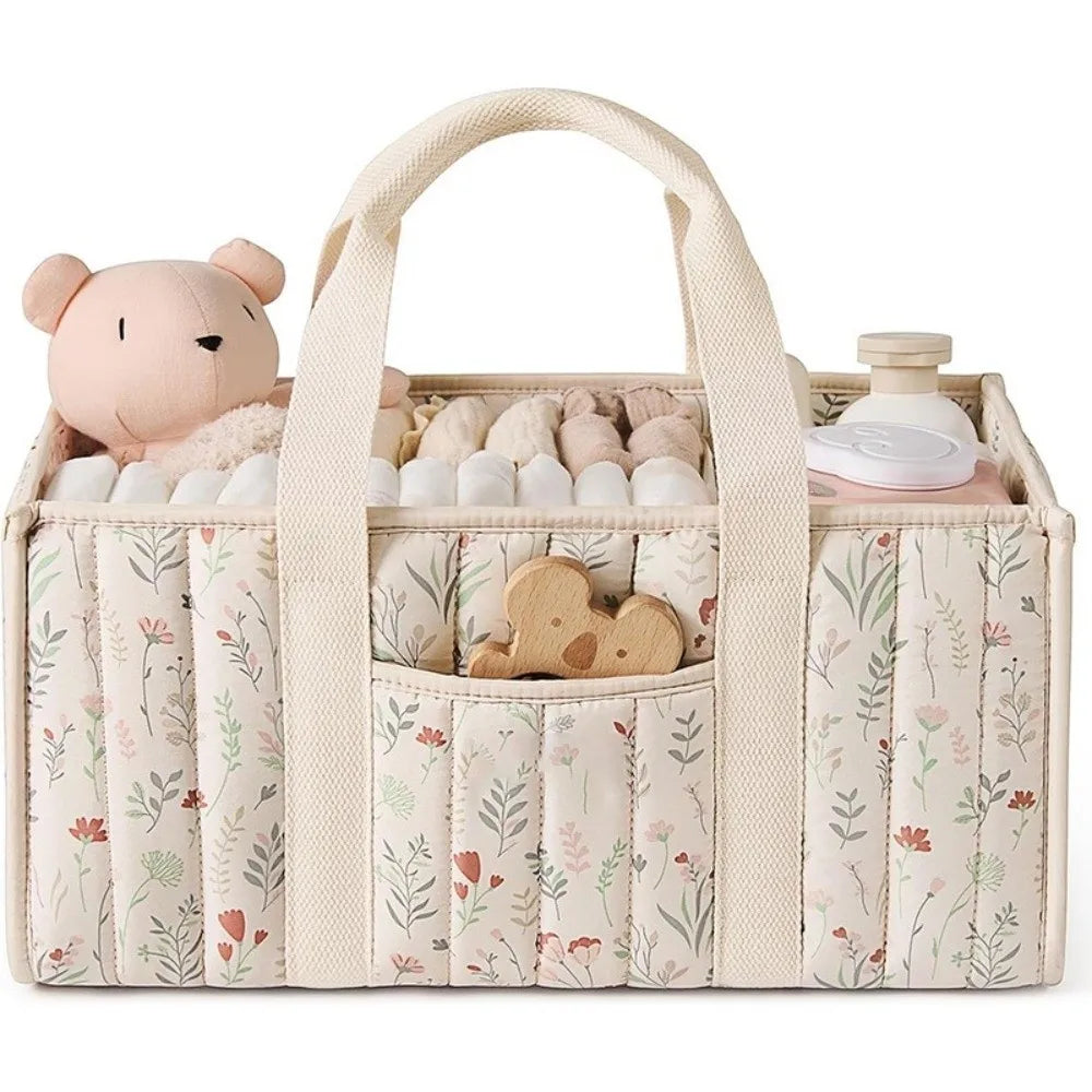 Large Capacity Baby Diaper Organizer Multi-Pocket Multifunctional Foldable Mommy Bag Floral Beige Portable