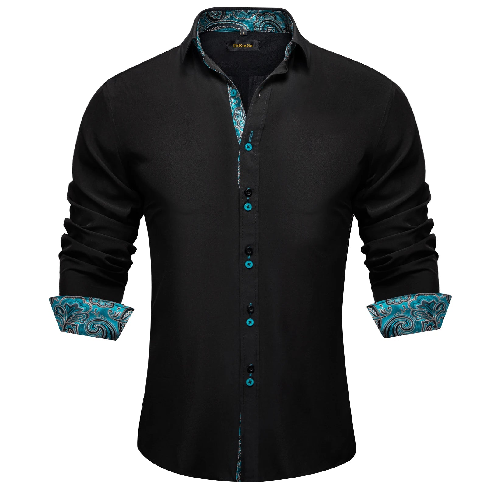 DiBanGu Men Shirt Long Sleeve Black Solid Red Paisley Color Contrast Fashion Dress Shirt for Men Button-down Collar Men Clothing