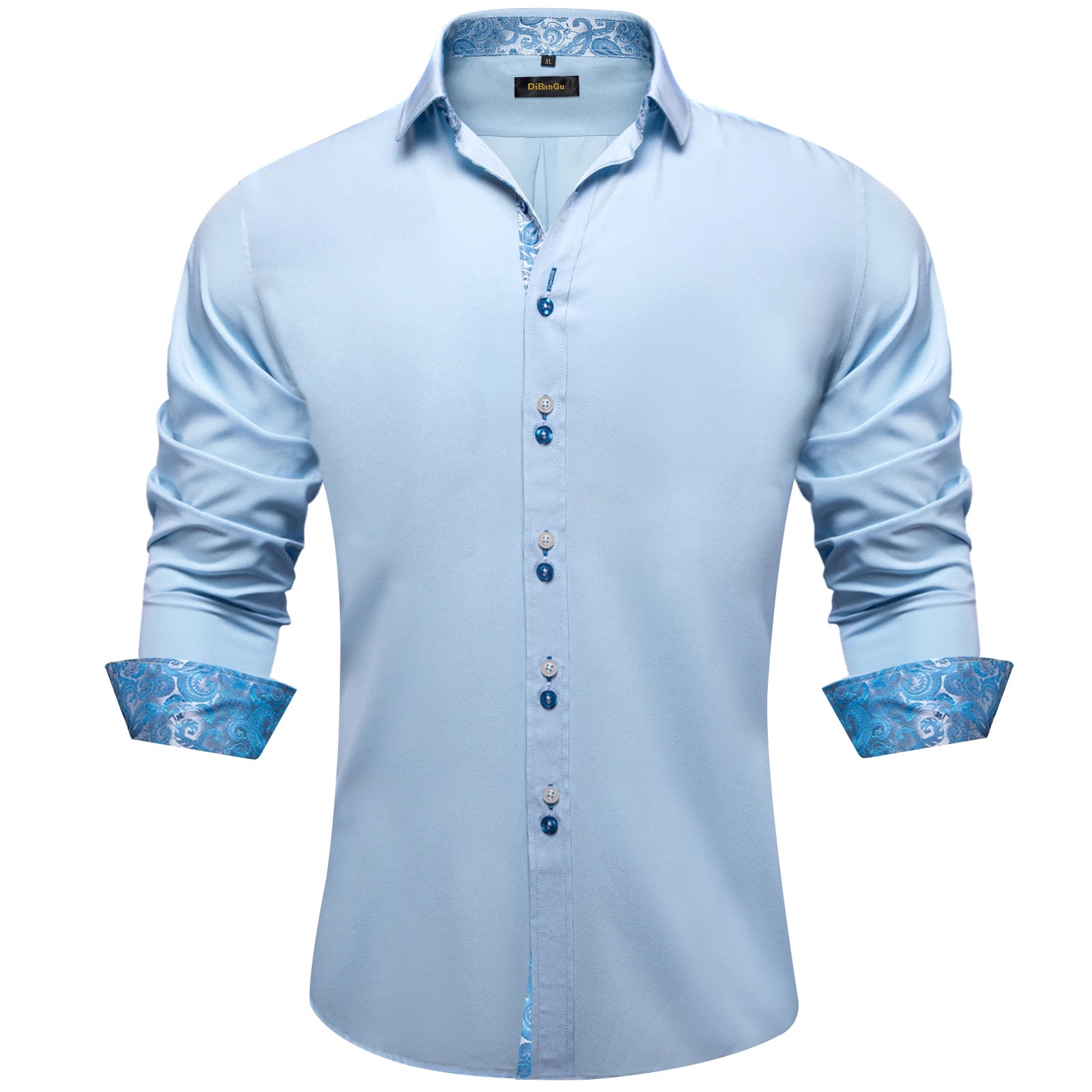 DiBanGu Men Shirt Long Sleeve Black Solid Red Paisley Color Contrast Fashion Dress Shirt for Men Button-down Collar Men Clothing