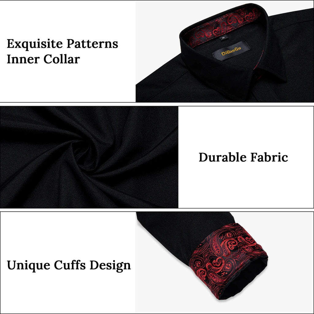 DiBanGu Men Shirt Long Sleeve Black Solid Red Paisley Color Contrast Fashion Dress Shirt for Men Button-down Collar Men Clothing
