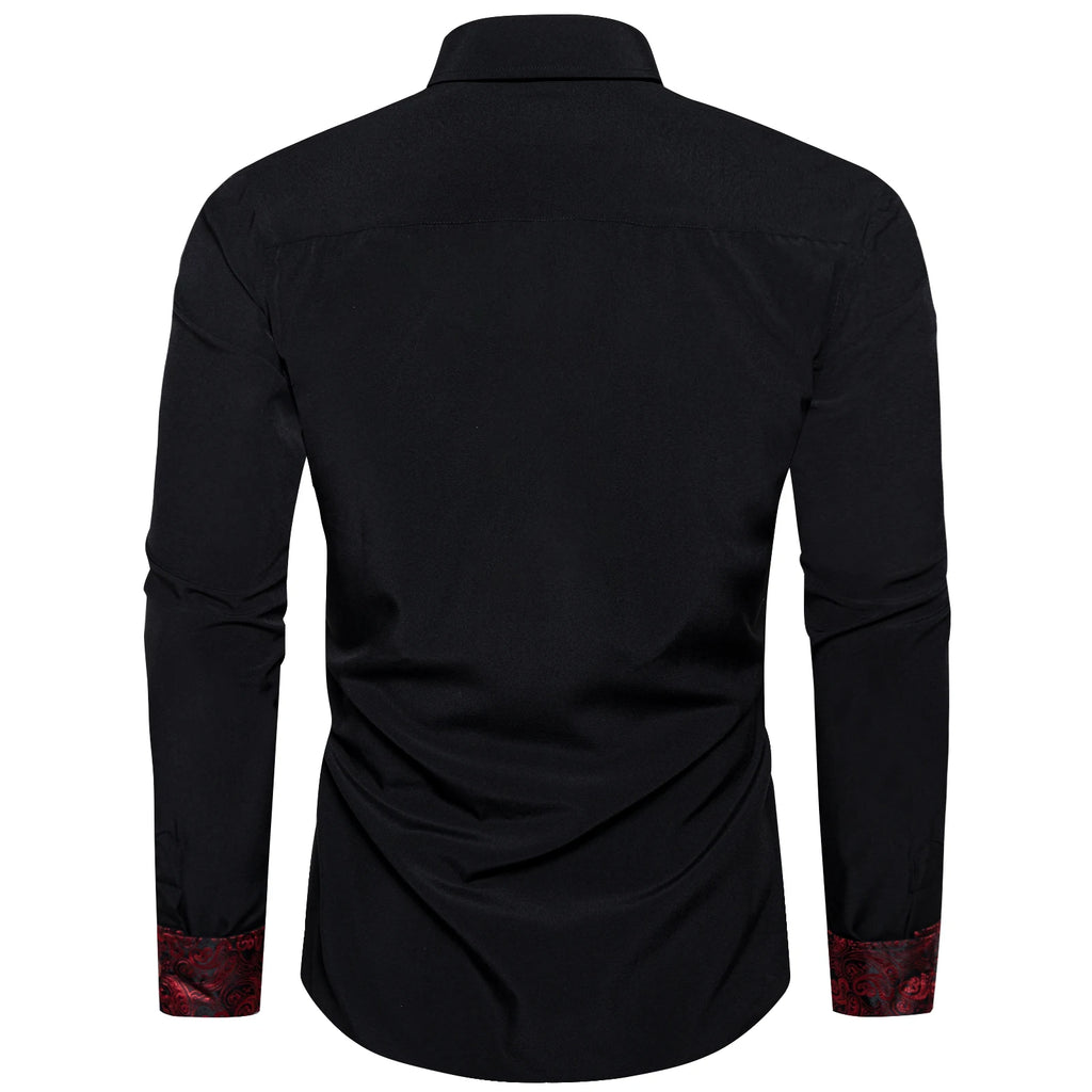 DiBanGu Men Shirt Long Sleeve Black Solid Red Paisley Color Contrast Fashion Dress Shirt for Men Button-down Collar Men Clothing