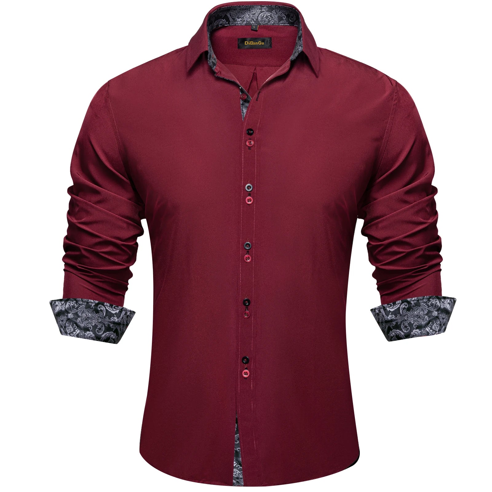 DiBanGu Men Shirt Long Sleeve Black Solid Red Paisley Color Contrast Fashion Dress Shirt for Men Button-down Collar Men Clothing