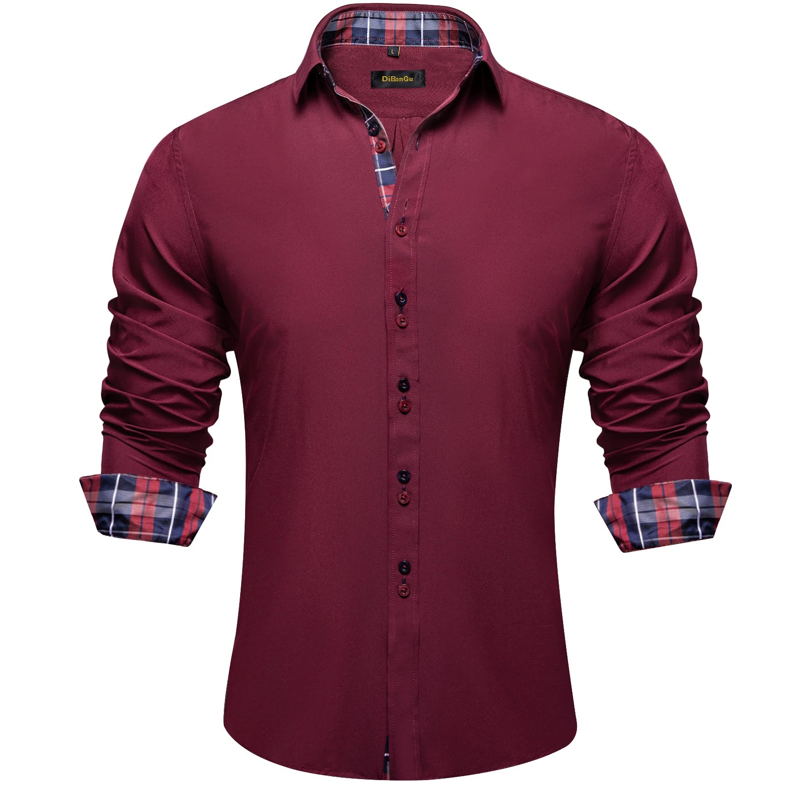 DiBanGu Men Shirt Long Sleeve Black Solid Red Paisley Color Contrast Fashion Dress Shirt for Men Button-down Collar Men Clothing