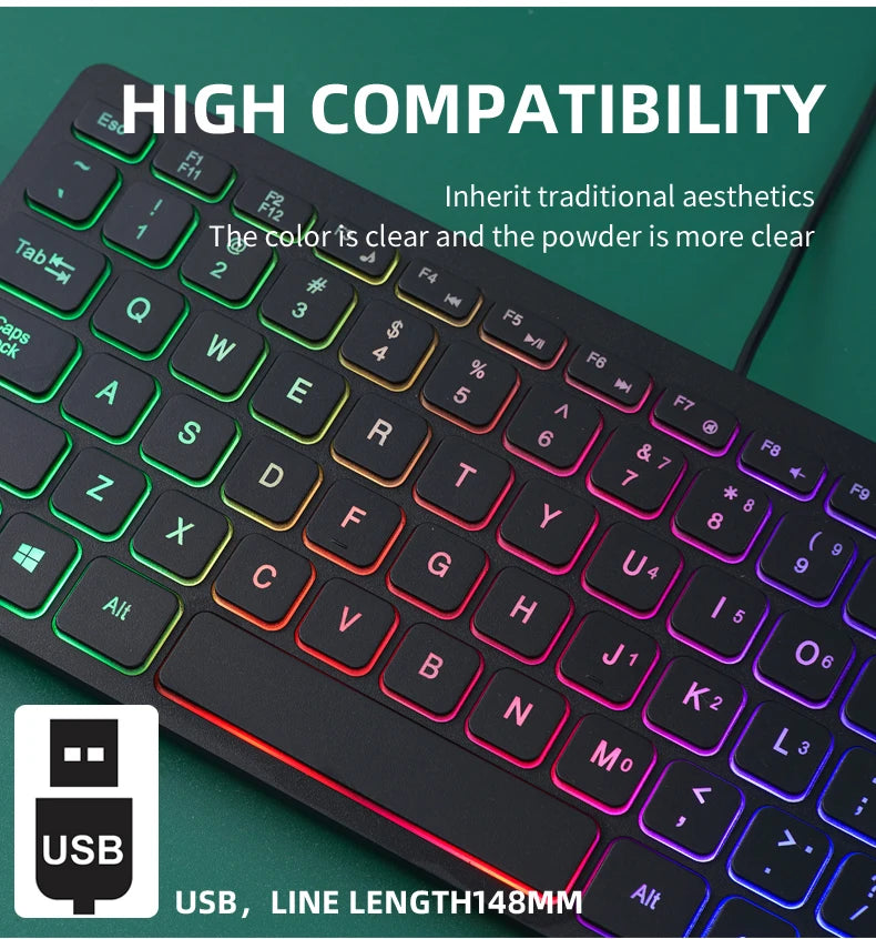 M70 Slim Keyboard Wired, APAYADO Mini Dazzling Color Keyboard, Character Translucent Keycaps, Bass Click, RGB