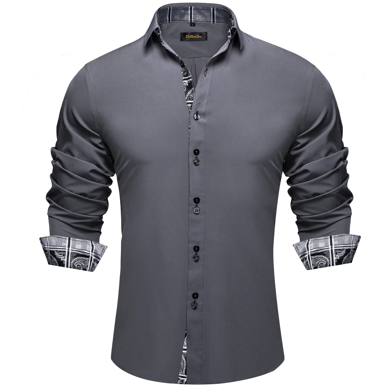 DiBanGu Men Shirt Long Sleeve Black Solid Red Paisley Color Contrast Fashion Dress Shirt for Men Button-down Collar Men Clothing