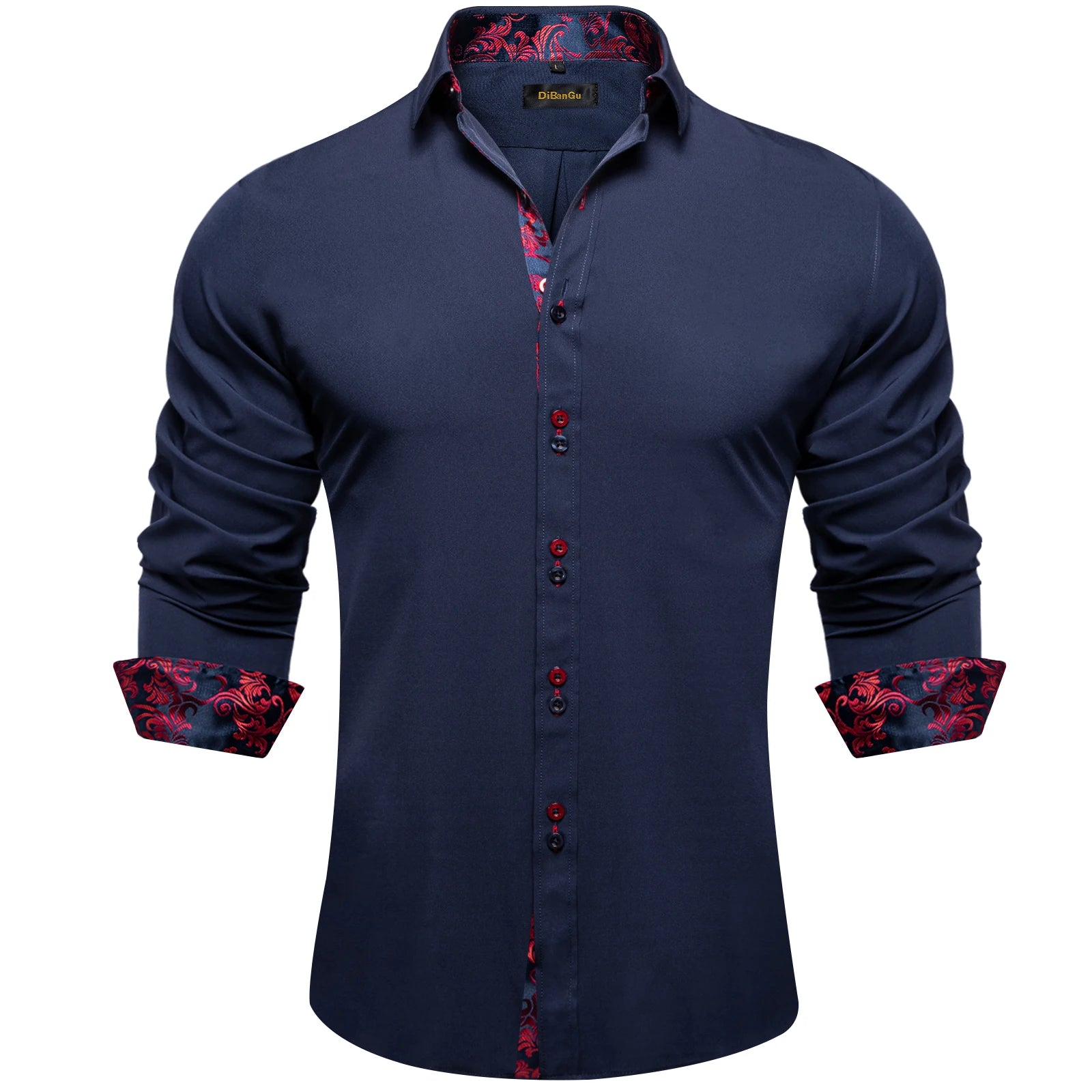 DiBanGu Men Shirt Long Sleeve Black Solid Red Paisley Color Contrast Fashion Dress Shirt for Men Button-down Collar Men Clothing