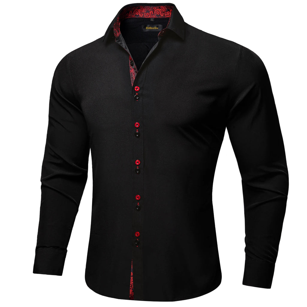 DiBanGu Men Shirt Long Sleeve Black Solid Red Paisley Color Contrast Fashion Dress Shirt for Men Button-down Collar Men Clothing