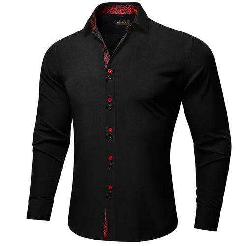DiBanGu Men Shirt Long Sleeve Black Solid Red Paisley Color Contrast Fashion Dress Shirt for Men Button-down Collar Men Clothing