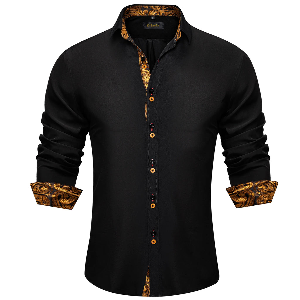 DiBanGu Men Shirt Long Sleeve Black Solid Red Paisley Color Contrast Fashion Dress Shirt for Men Button-down Collar Men Clothing