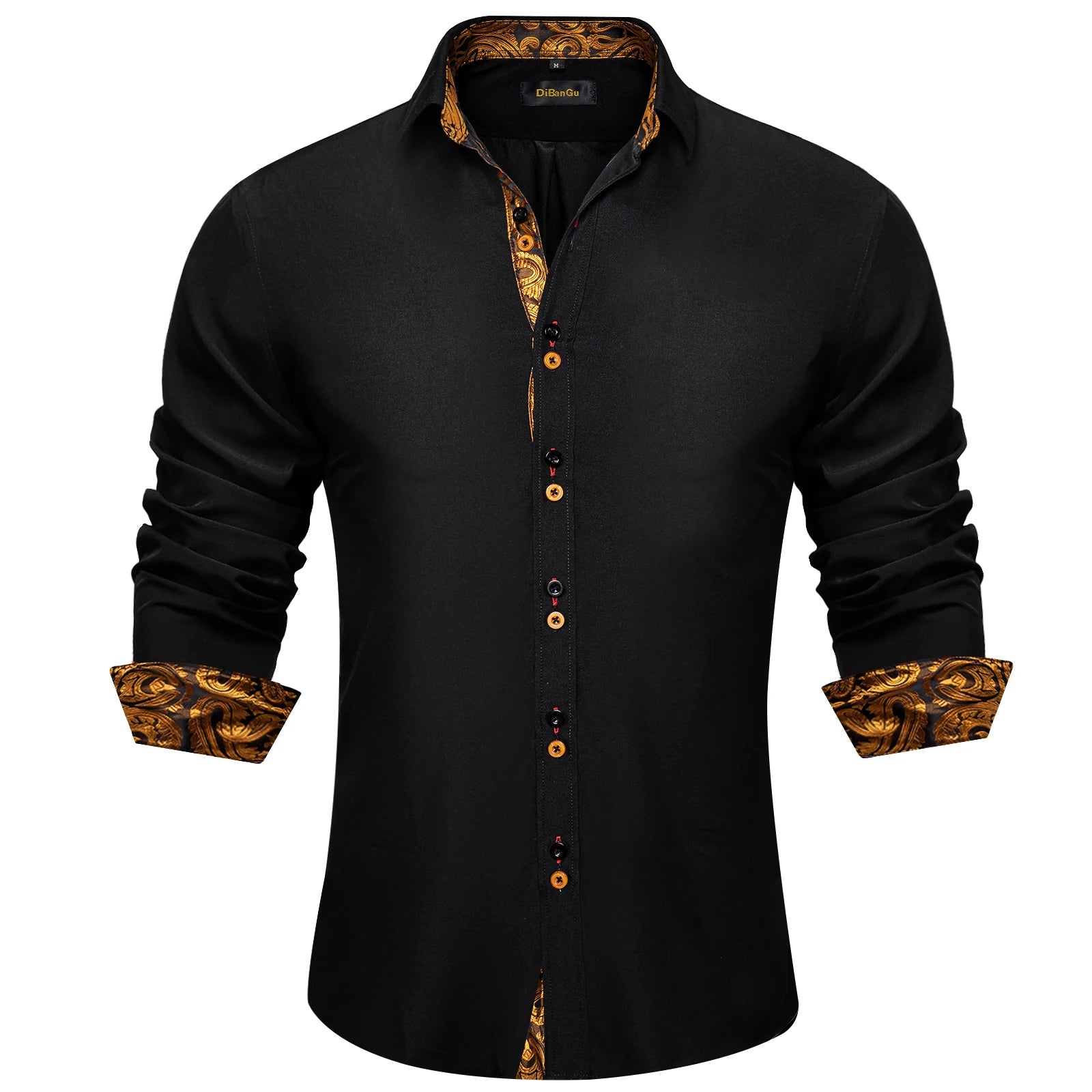 DiBanGu Men Shirt Long Sleeve Black Solid Red Paisley Color Contrast Fashion Dress Shirt for Men Button-down Collar Men Clothing