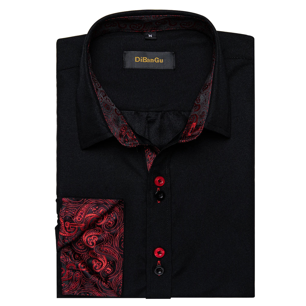 DiBanGu Men Shirt Long Sleeve Black Solid Red Paisley Color Contrast Fashion Dress Shirt for Men Button-down Collar Men Clothing
