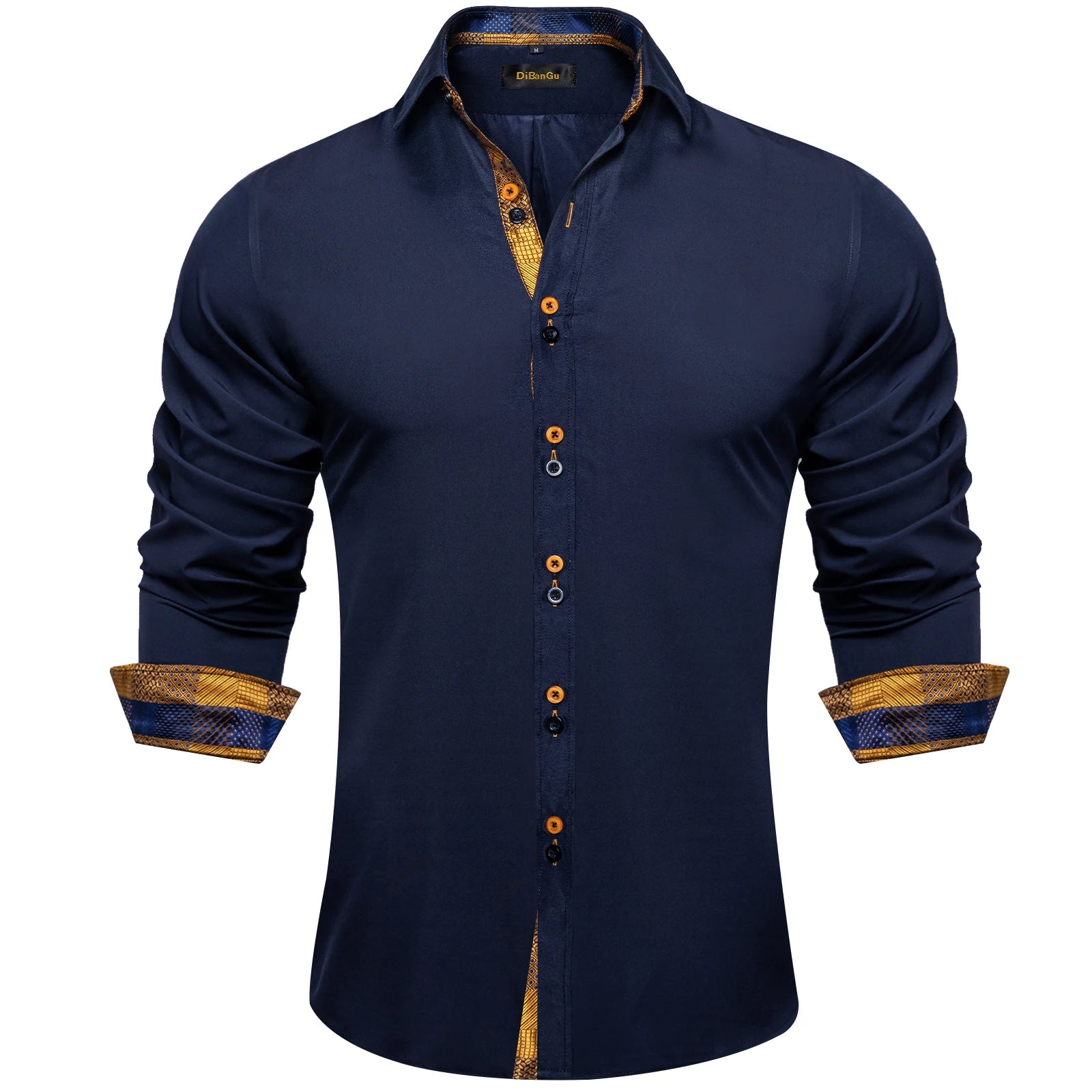 DiBanGu Men Shirt Long Sleeve Black Solid Red Paisley Color Contrast Fashion Dress Shirt for Men Button-down Collar Men Clothing