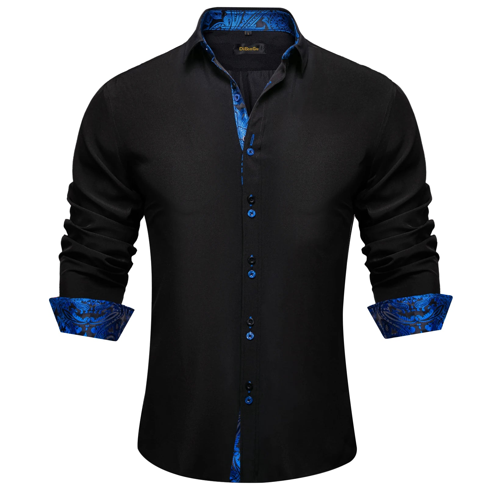 DiBanGu Men Shirt Long Sleeve Black Solid Red Paisley Color Contrast Fashion Dress Shirt for Men Button-down Collar Men Clothing