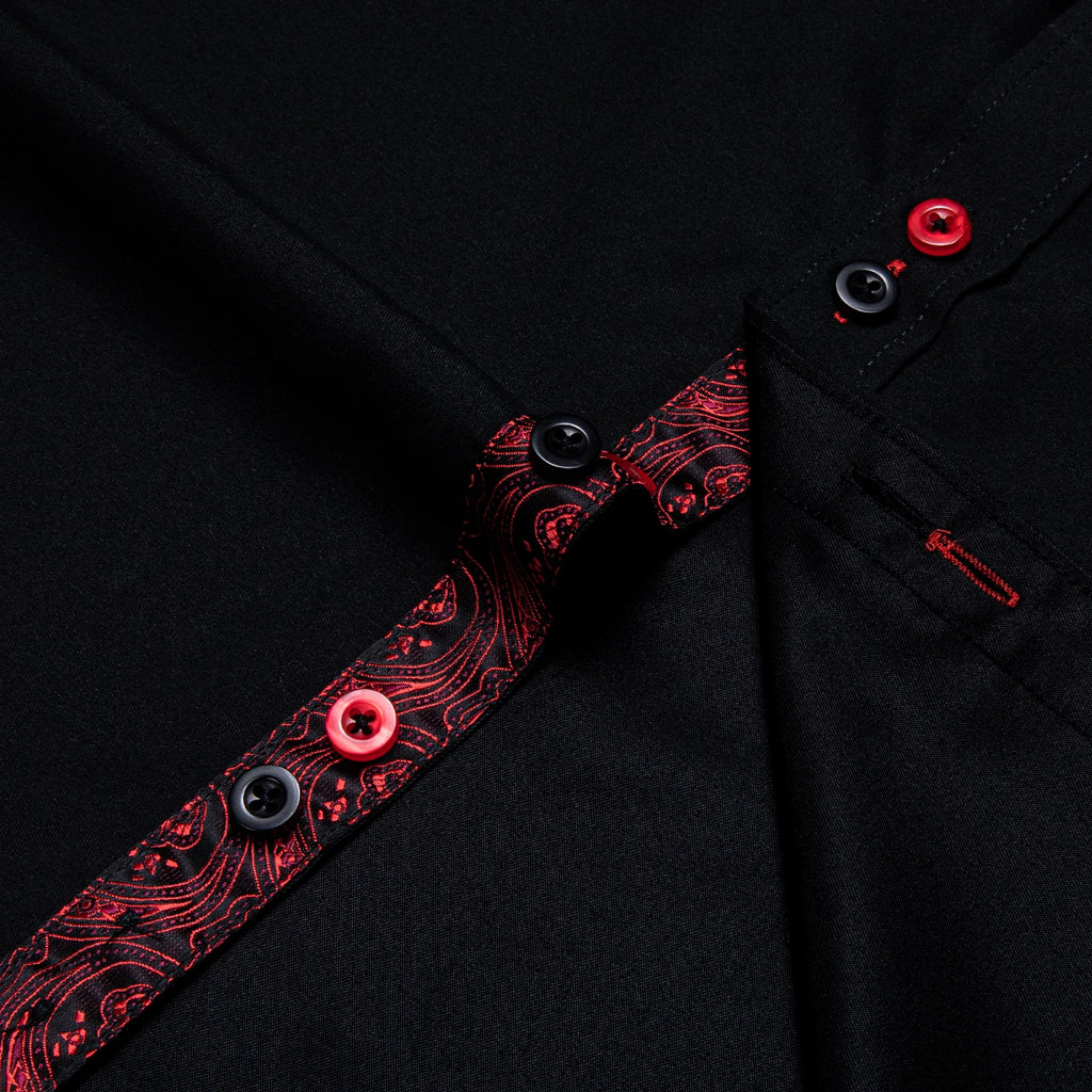 DiBanGu Men Shirt Long Sleeve Black Solid Red Paisley Color Contrast Fashion Dress Shirt for Men Button-down Collar Men Clothing