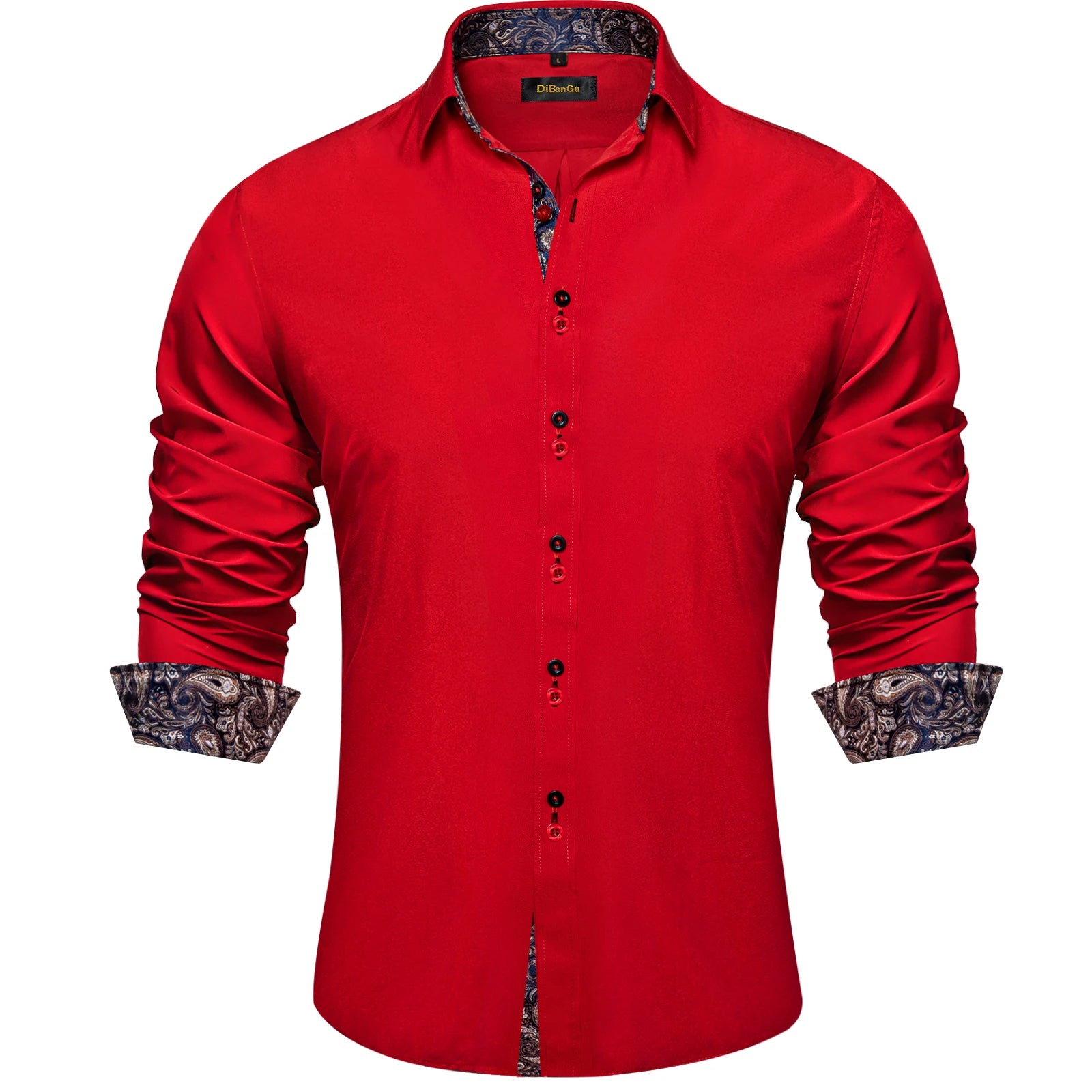 DiBanGu Men Shirt Long Sleeve Black Solid Red Paisley Color Contrast Fashion Dress Shirt for Men Button-down Collar Men Clothing