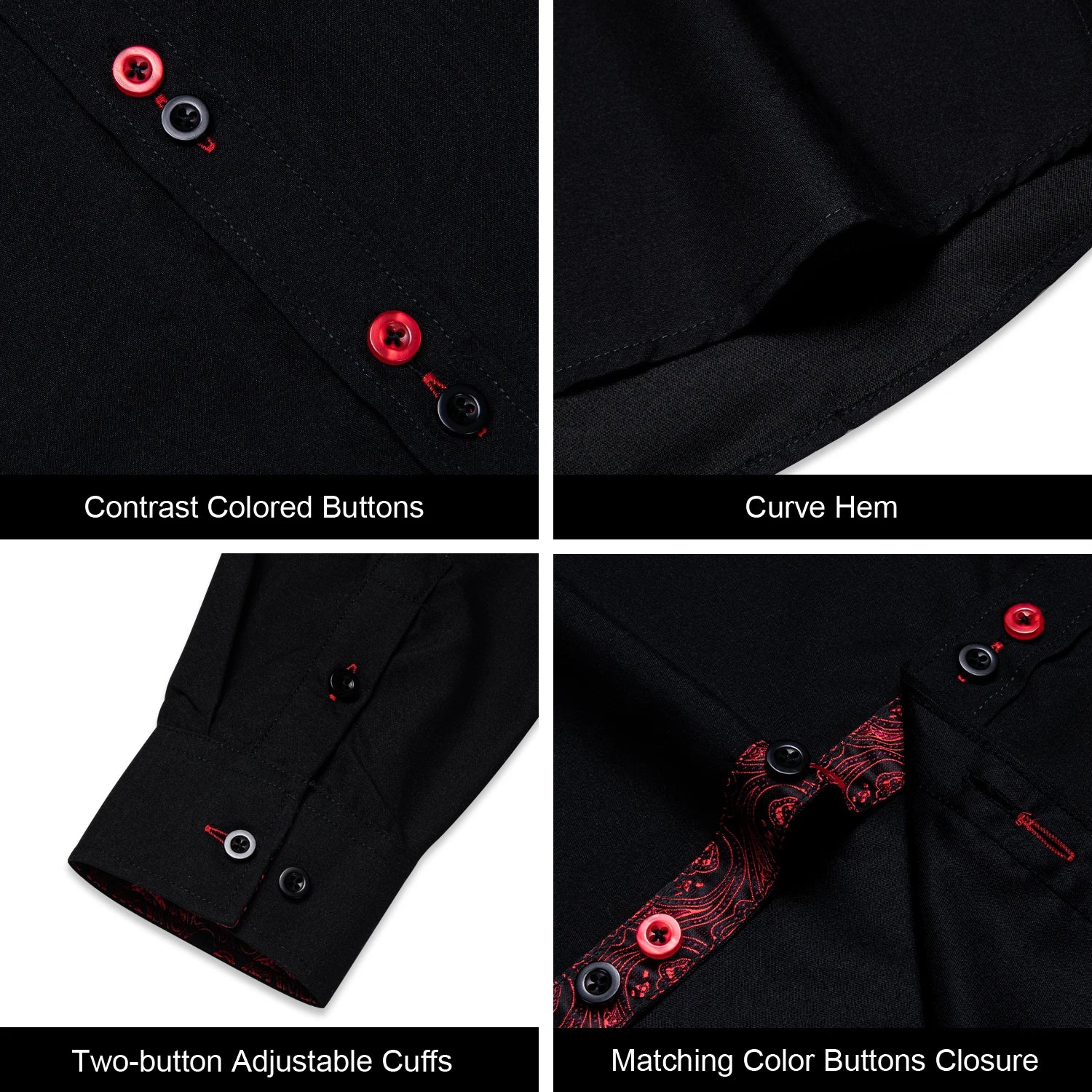 DiBanGu Men Shirt Long Sleeve Black Solid Red Paisley Color Contrast Fashion Dress Shirt for Men Button-down Collar Men Clothing