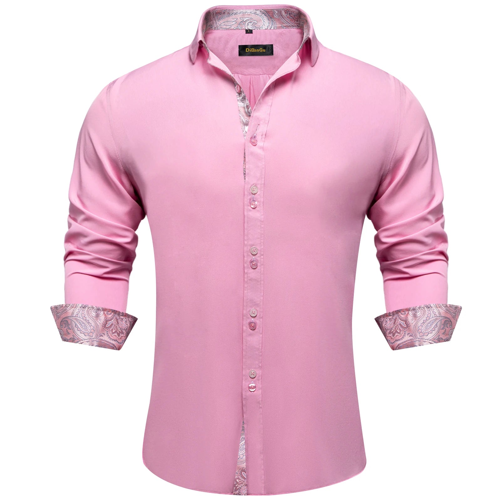 DiBanGu Men Shirt Long Sleeve Black Solid Red Paisley Color Contrast Fashion Dress Shirt for Men Button-down Collar Men Clothing