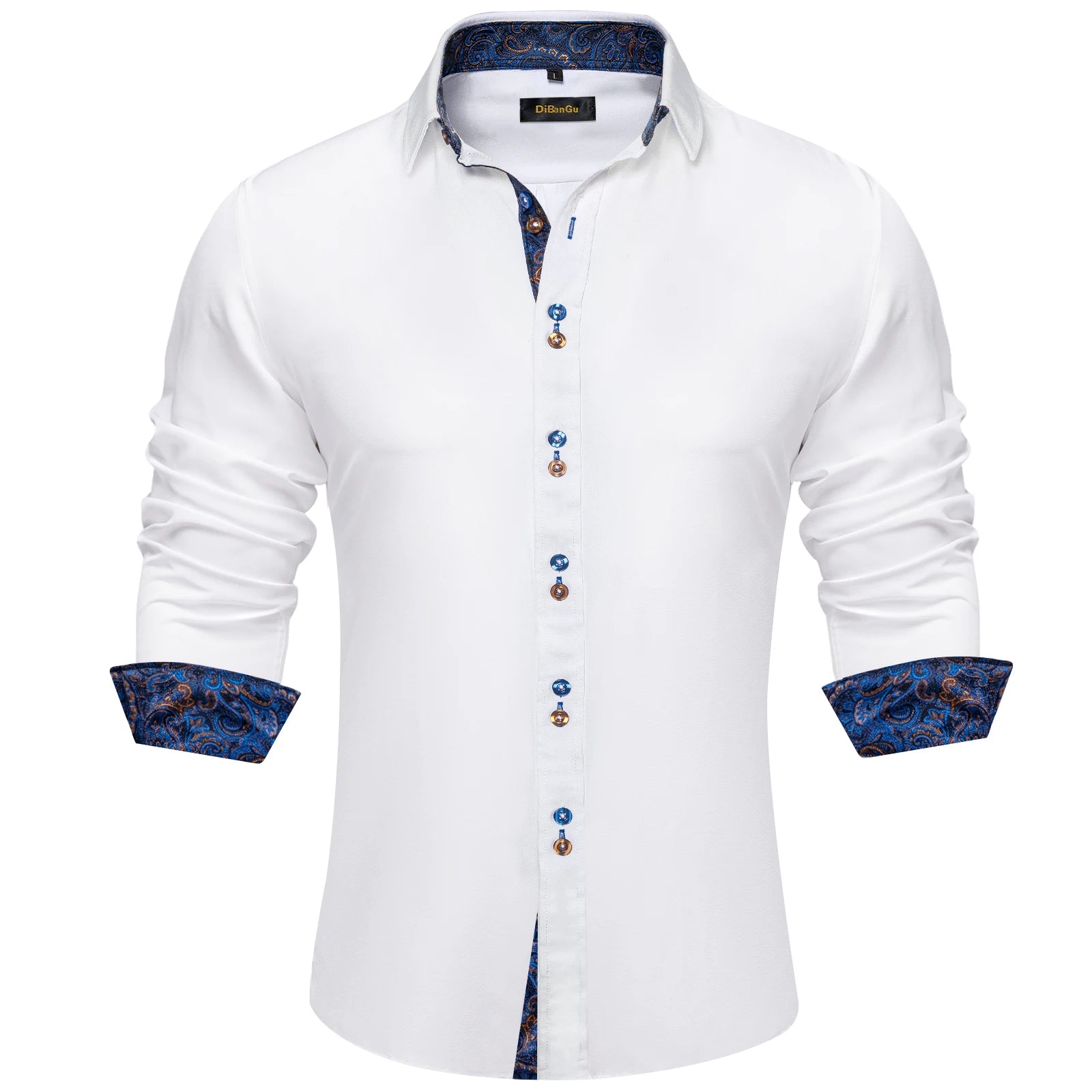 DiBanGu Men Shirt Long Sleeve Black Solid Red Paisley Color Contrast Fashion Dress Shirt for Men Button-down Collar Men Clothing