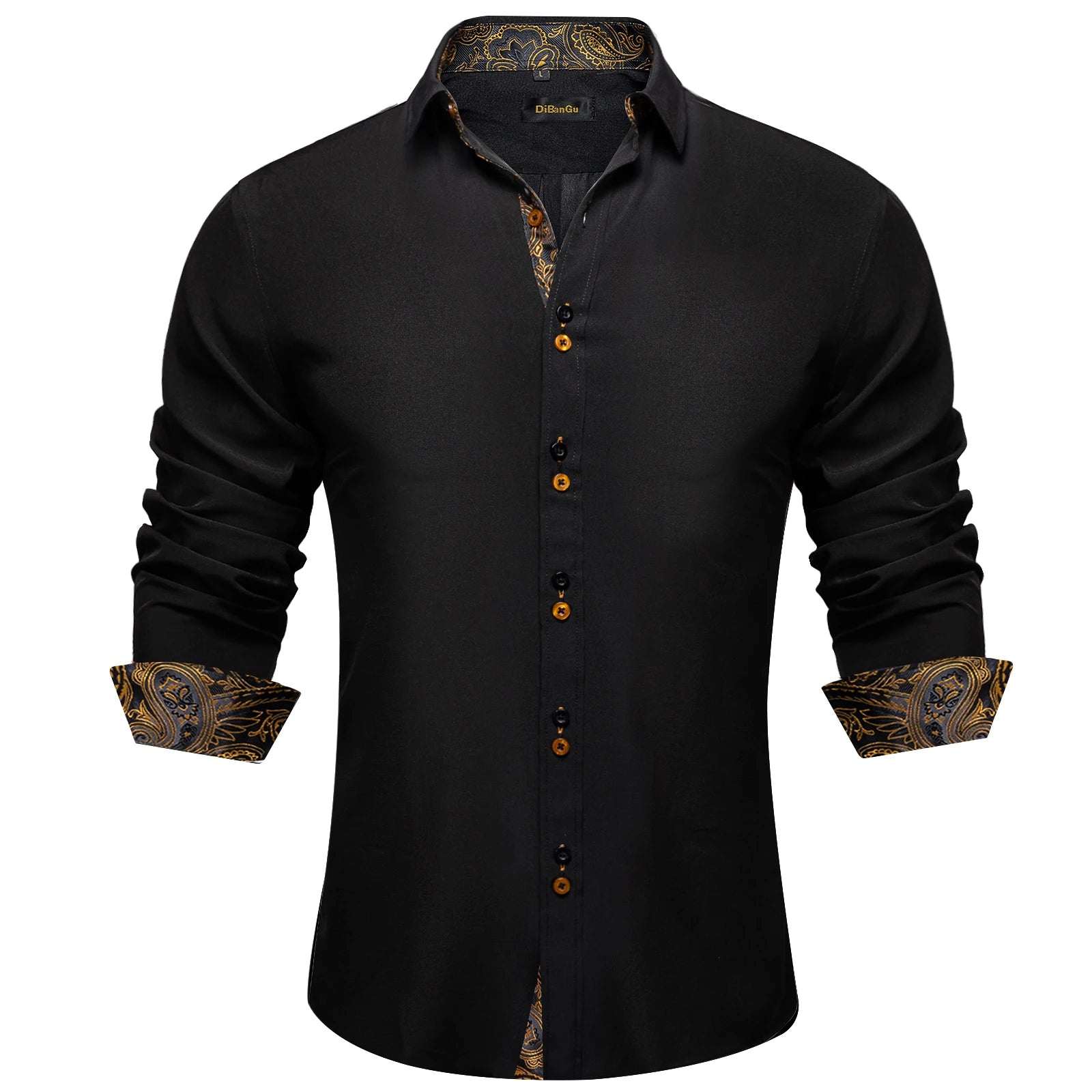 DiBanGu Men Shirt Long Sleeve Black Solid Red Paisley Color Contrast Fashion Dress Shirt for Men Button-down Collar Men Clothing