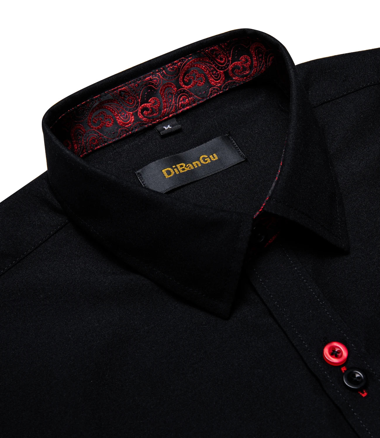 DiBanGu Men Shirt Long Sleeve Black Solid Red Paisley Color Contrast Fashion Dress Shirt for Men Button-down Collar Men Clothing